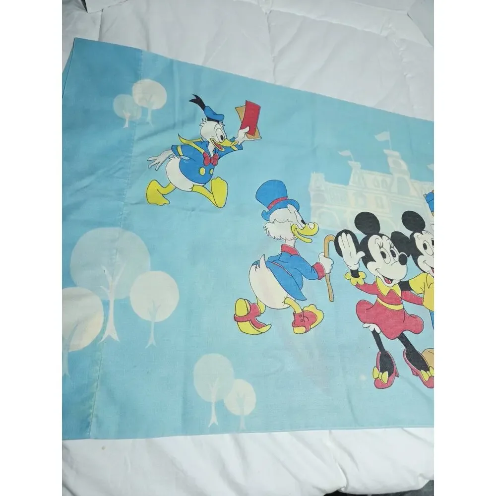 Disney 70s Mickey Mouse Frontierland Blue Pillowcase Knight Princess Vtg Cham